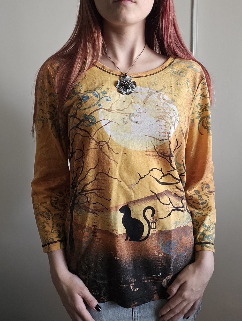 y2k i.b.diffusion deadstock Orange Yellow Long Sleeve Black cat Moon Rhinestones
